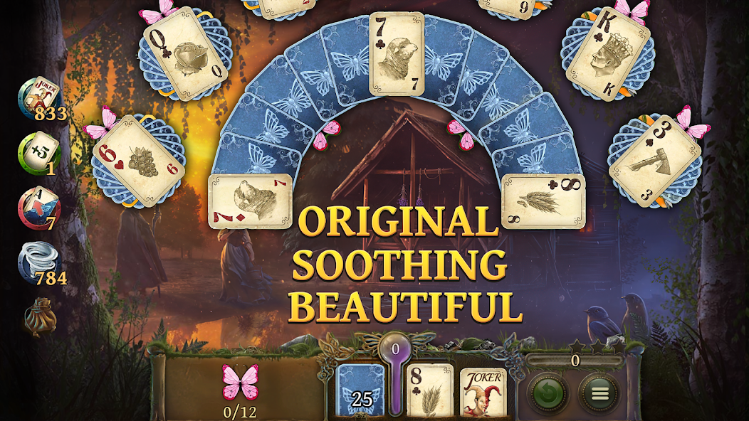 Solitaire Fairytale gameplay with cards arranged around an illustrated autumn scene